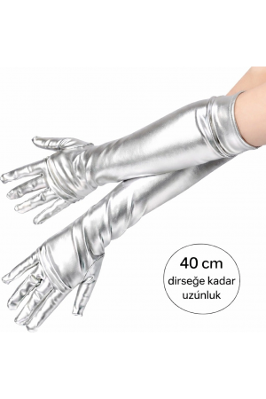 Gümüş Renk Dirsek Altı Lüks Saten Eldiven 40 Cm&hellip;