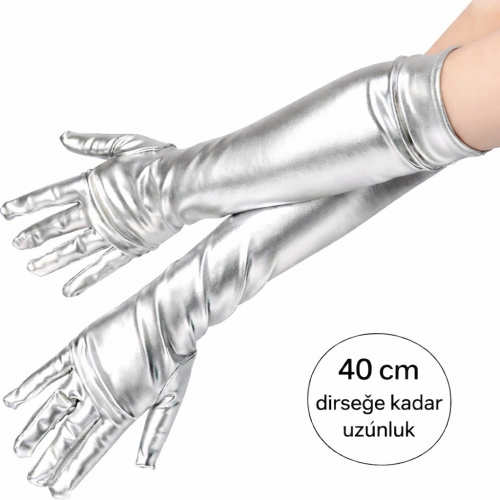 Gümüş Renk Dirsek Altı Lüks Saten Eldiven 40 Cm Gümüş Renk Dirsek Altı Lüks Saten Eldiven 40 Cm