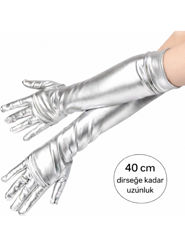 Gümüş Renk Dirsek Altı Lüks Saten Eldiven 40 Cm… Gümüş Renk Dirsek Altı Lüks Saten Eldiven 40 Cm…