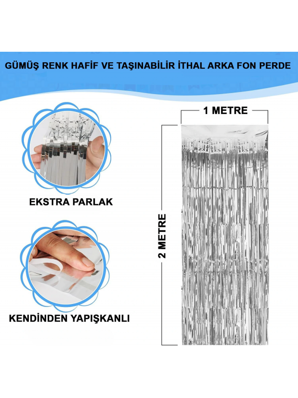 Gümüş Renk Ekstra Metalize Parlak Saçaklı Arka Fon Perde İthal A Kal&hellip;