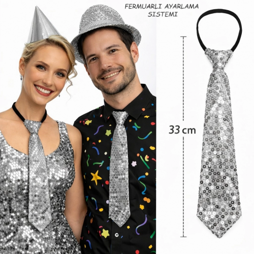 Gümüş Renk Pul Payetli Işıltılı Parti Kravatı 33 Cm Gümüş Renk Pul Payetli Işıltılı Parti Kravatı 33 Cm