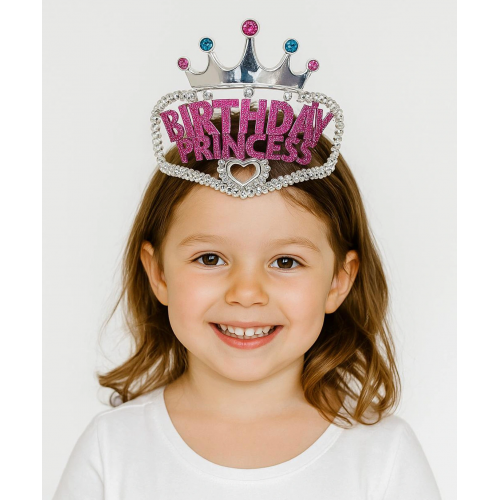 Gümüş Renk Taç Üzeri Pembe Birthday Prenses Yazılı Çocuk Parti Tacı 11x12 Cm