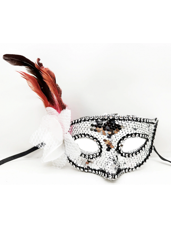 Gümüş Renk Yandan Tüylü Güllü Gümüş Taşlı Pullu Maske 20x22 Cm&hellip;