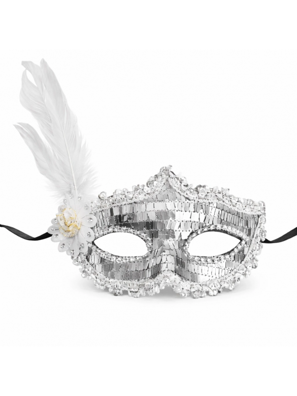 Gümüş Tüylü Payetli Lüks Taşlı Parti Maskesi&hellip;