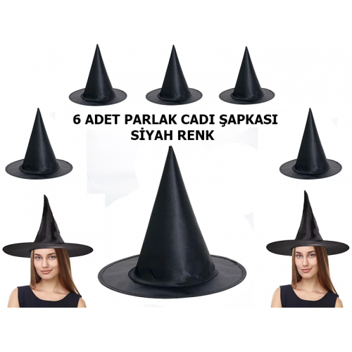 Halloween Siyah Renk Parlak Dralon Cadı Şapkası Yetişkin Ve Çocuk Uyumlu 6 Adet