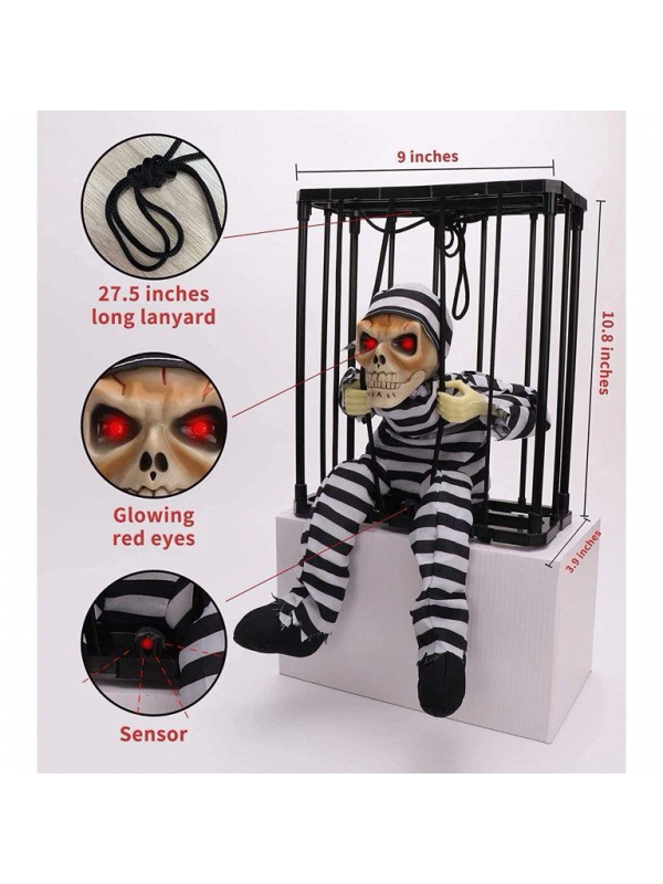 Hareketli Sesli Sensörlü Mahkum Görünümlü Kuru Kafa İskelet Dekoras&hellip;