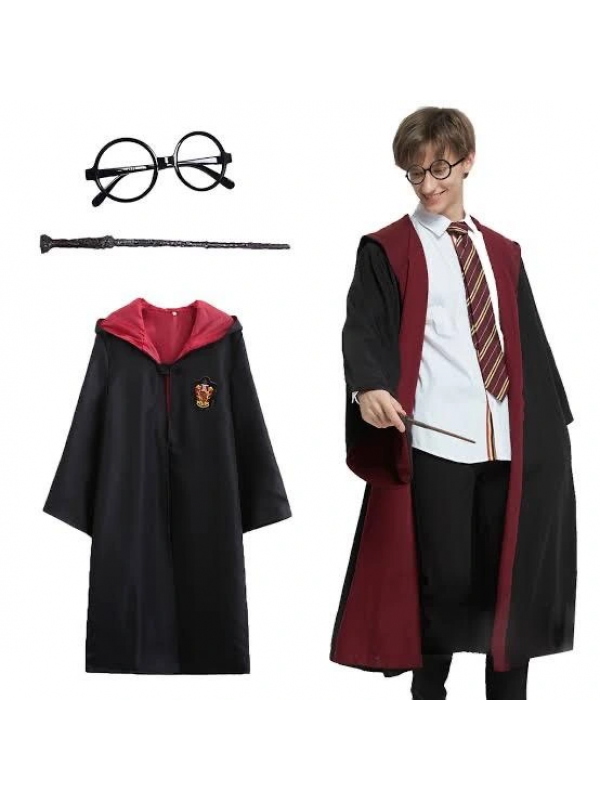 Harry Potter Gryffindor Kapişonlu Çocuk Kostüm + Asa + Gözlük Seti 5-&hellip;