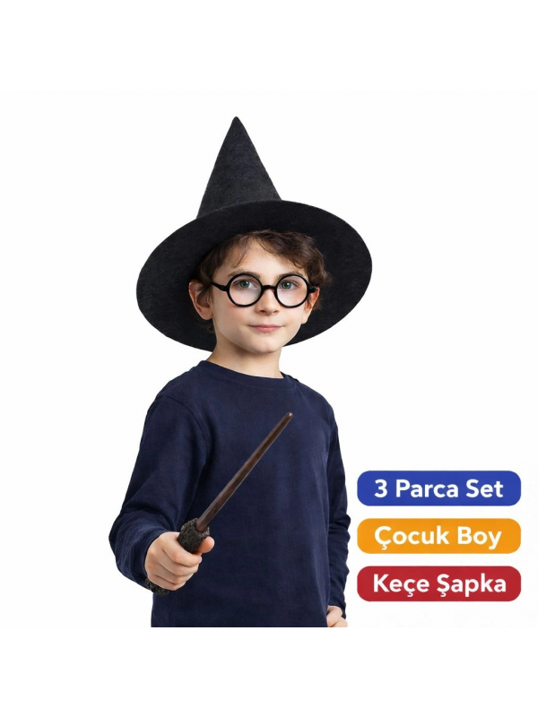 Harry Potter Tarzı Çocuk Seti (siyah Keçe Şapka, Asa, Gözlük)&hellip;
