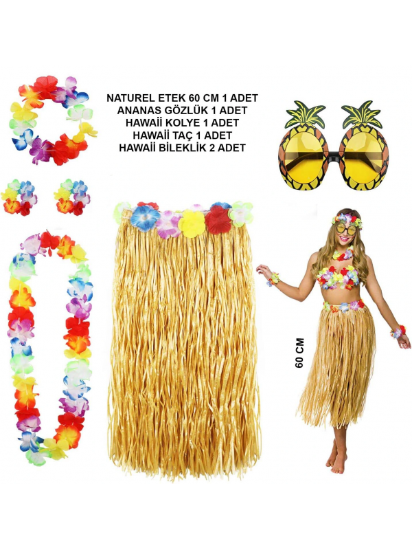 Hawaii Parti Kostüm Seti - 60 Cm Hasır Etek, Çiçekli Aksesuarlar Ve An&hellip;