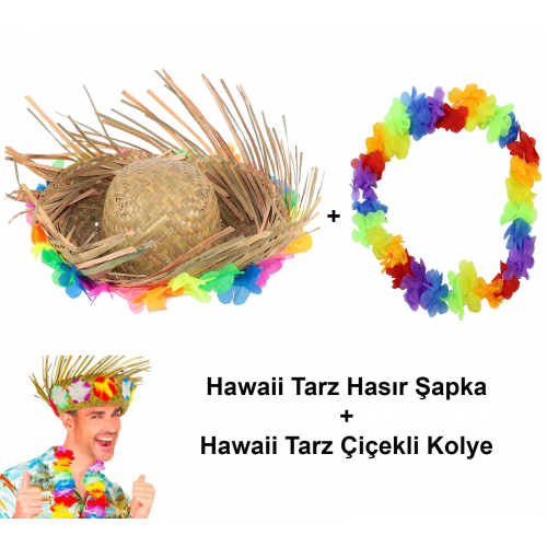 Hawaii Tarzı Tropikal Çiçekli Hasır Şapka Ve Çiçekli Hawaii Kolye Hawaii Tarzı Tropikal Çiçekli Hasır Şapka Ve Çiçekli Hawaii Kolye