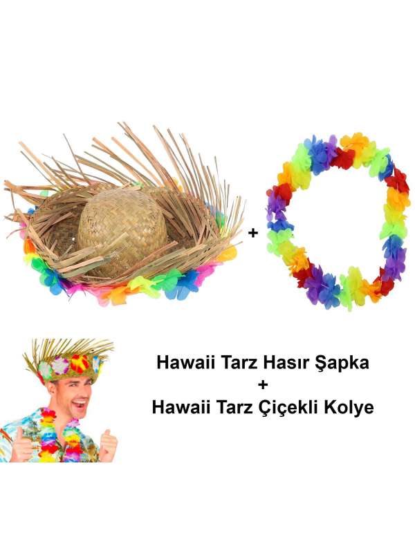 Hawaii Tarzı Tropikal Çiçekli Hasır Şapka Ve Çiçekli Hawaii Kolye&hellip;