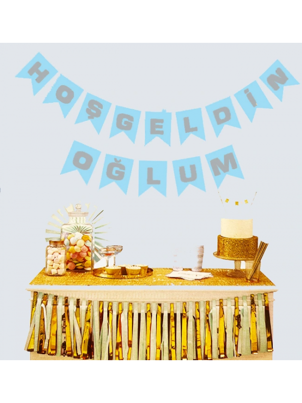 Hoşgeldin Oğlum Mavi Üzeri Gümüş Yeni Doğan Bebek Doğum Süsü Afi&hellip;