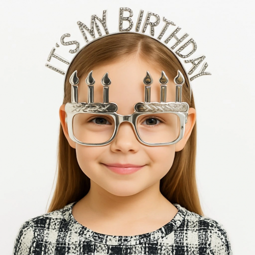 İt's My Birthday Yazılı Taç Ve Mum Şekilli Gözlük Seti Gümüş Renk