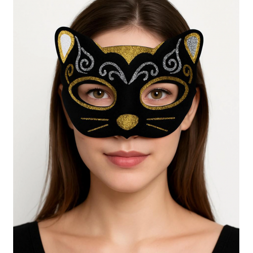 Kadife Dokulu Sim Detaylı Işıltılı Kedi Maskesi Altın Gümüş 20x13 Cm