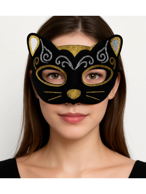Kadife Dokulu Sim Detaylı Işıltılı Kedi Maskesi Altın Gümüş 20x13&hellip;