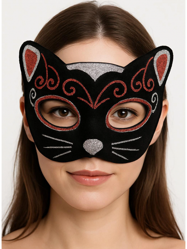 Kadife Dokulu Sim Detaylı Işıltılı Kedi Maskesi Kırmızı Gümüş 2&hellip;