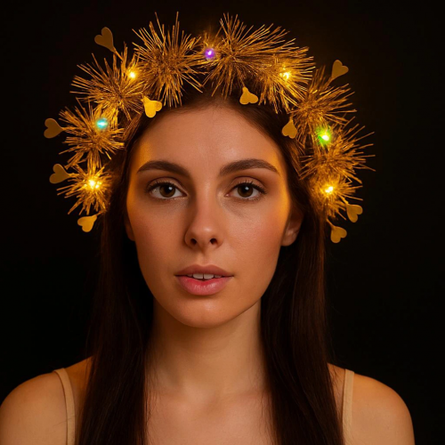 Kalp Püsküllü Gece Parıltısı 3 Modlu Led'li Işıklı Taç Altın Renk Kalp Püsküllü Gece Parıltısı 3 Modlu Led'li Işıklı Taç Altın Renk