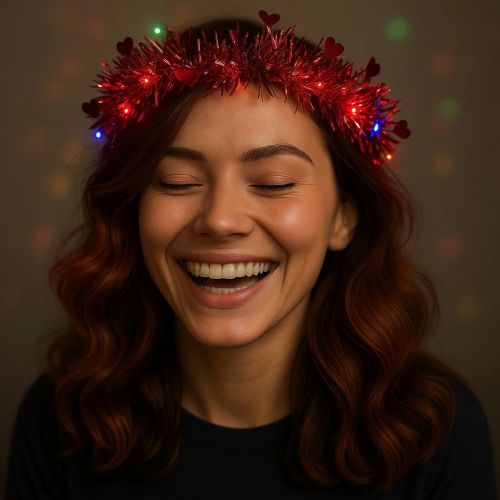 Kalp Püsküllü Gece Parıltısı 3 Modlu Led'li Işıklı Taç Kırmızı Renk Kalp Püsküllü Gece Parıltısı 3 Modlu Led'li Işıklı Taç Kırmızı Renk