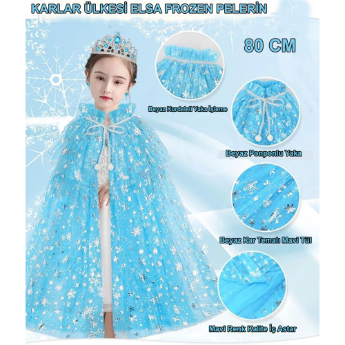 Karlar Ülkesi Elsa Frozen Mavi Pelerin – 80 Cm Kar Desenli Çocuk Pelerini ( Taç Hariç )