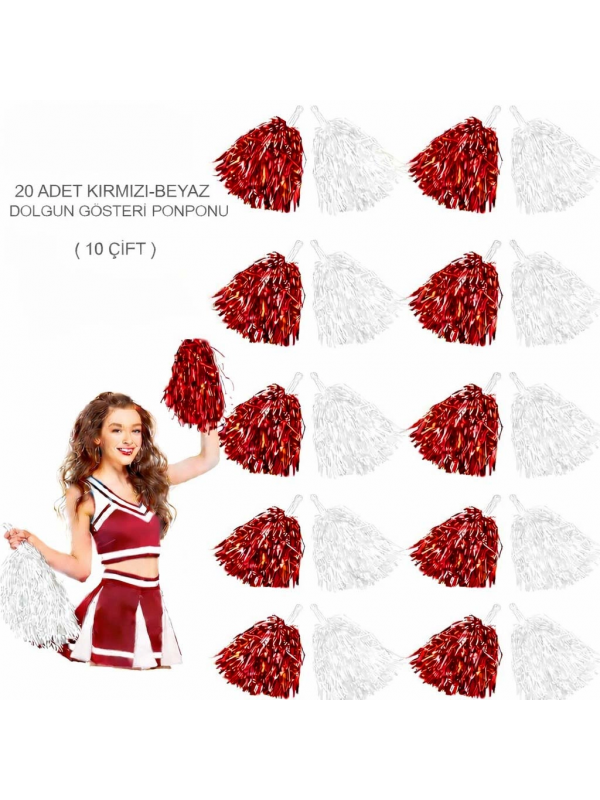 Kırmızı Beyaz Metalik Dolgun Gösteri Ponponu 20 Adet (10 Çift)&hellip;
