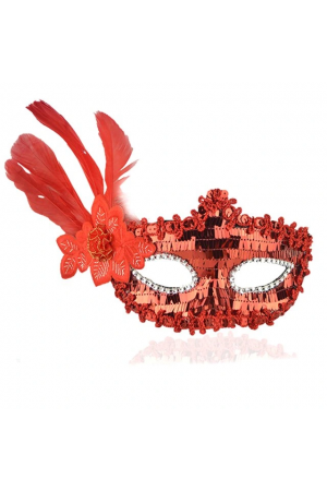 Kırmızı Payetli Pullu Kırmızı Renk Yandan Tüylü Parti Maskesi 18x2&hellip;