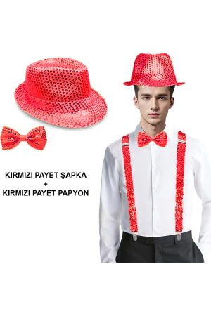 Kırmızı Payetli Şapka Ve Papyon Seti – Parıltılı Yetişkin Kostü&hellip;