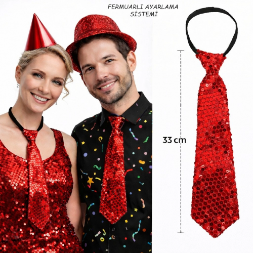 Kırmızı Renk Pul Payetli Işıltılı Parti Kravatı 33 Cm