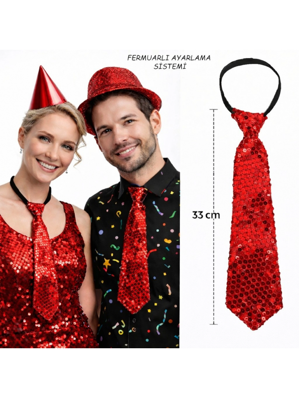 Kırmızı Renk Pul Payetli Işıltılı Parti Kravatı 33 Cm&hellip;