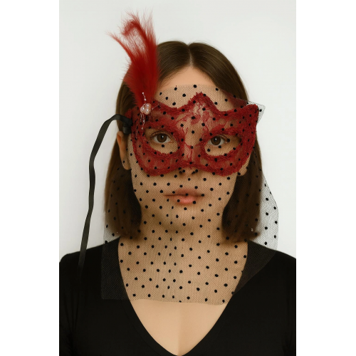 Kırmızı Renk Dantelli Duvaklı İncili Parti Maskesi Balo