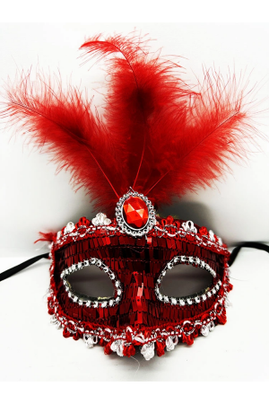 Kırmızı Renk Payetli Pullu Tüylü Parti Maskesi 17x20 Cm&hellip;