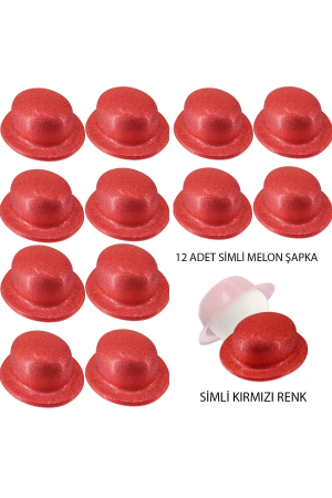 Kırmızı Renk Simli Melon Yuvarlak Parti Şapkası 12 Adet&hellip;