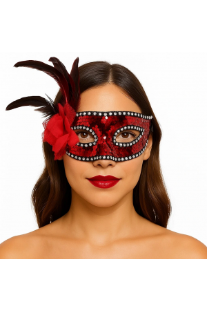 Kırmızı Renk Yandan Tüylü Güllü Gümüş Taşlı Pullu Maske 20x22 &hellip;