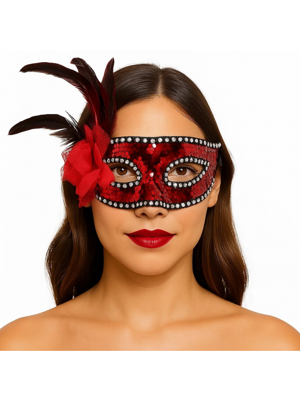 Kırmızı Renk Yandan Tüylü Güllü Gümüş Taşlı Pullu Maske 20x22 &hellip;