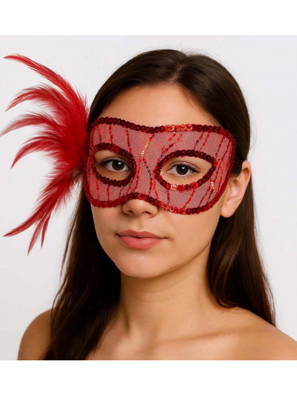 Kırmızı Renk Yandan Tüylü Pul Payet İşlemeli Parti Maskesi 23x12 Cm&hellip;