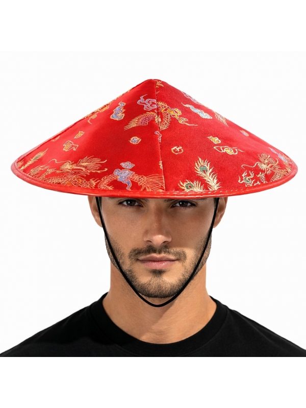 Kırmızı Saten Çin Desenli Dragon İşlemeli Şapka – Lastikli&hellip;