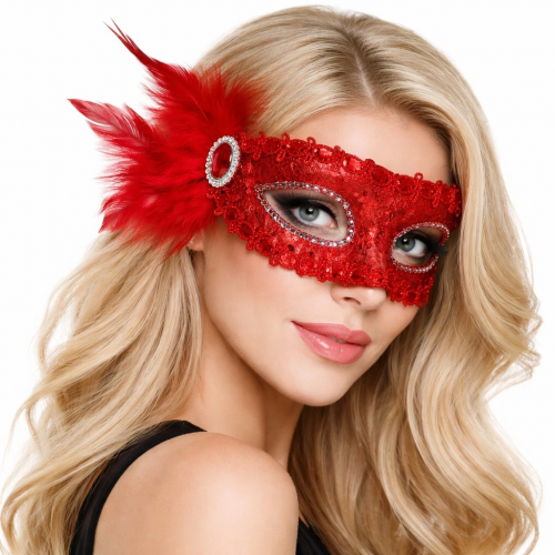 Kırmızı Taşlı Venedik Parti Maskesi – Tüylü Payetli Kırmızı Taşlı Venedik Parti Maskesi – Tüylü Payetli