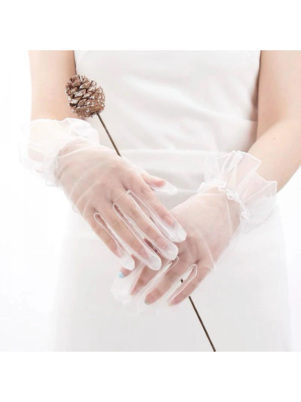 Kısa Boy Likralı Güpürlü Yetişkin Tül Eldiven Beyaz Renk&hellip;