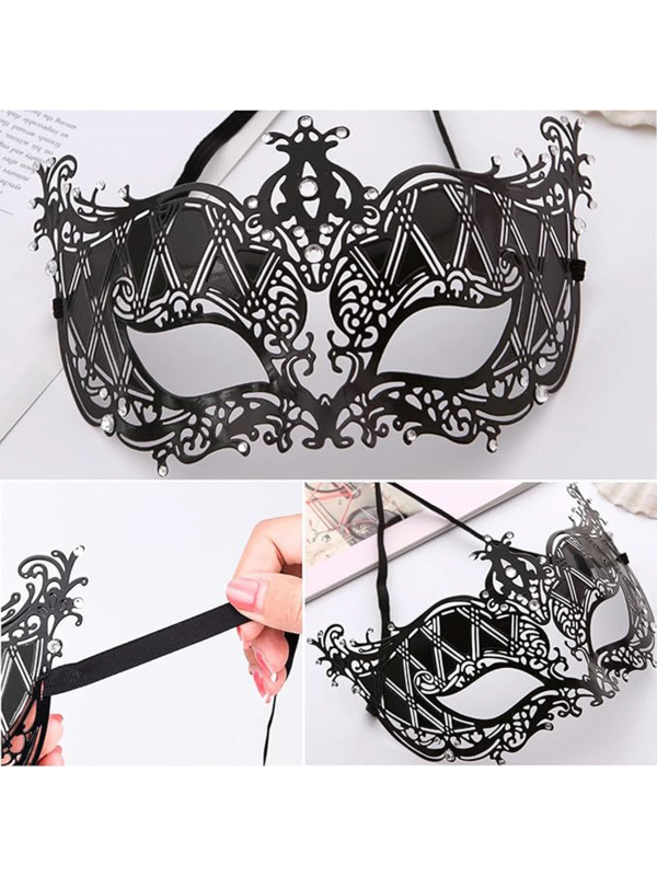 Kristal Gümüş Taşlı Siyah Renk Lazer Kesim Metal Lüks Maske Balo Par&hellip;