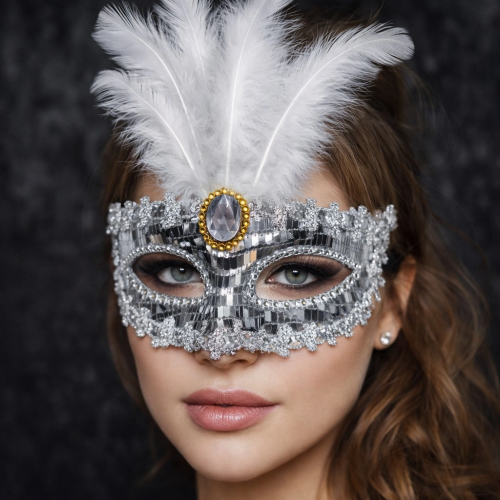Lüks Gümüş Tüylü Taşlı Balo Maskesi Lüks Gümüş Tüylü Taşlı Balo Maskesi
