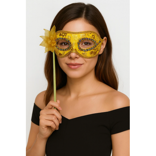 Lüks Taşlı Saplı Maskeli Balo Maskesi Altın Renk 35 Cm