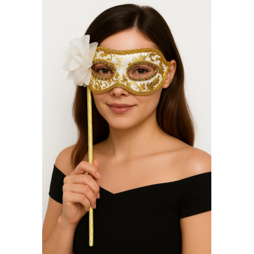 Lüks Taşlı Saplı Maskeli Balo Maskesi Beyaz Renk 35 Cm