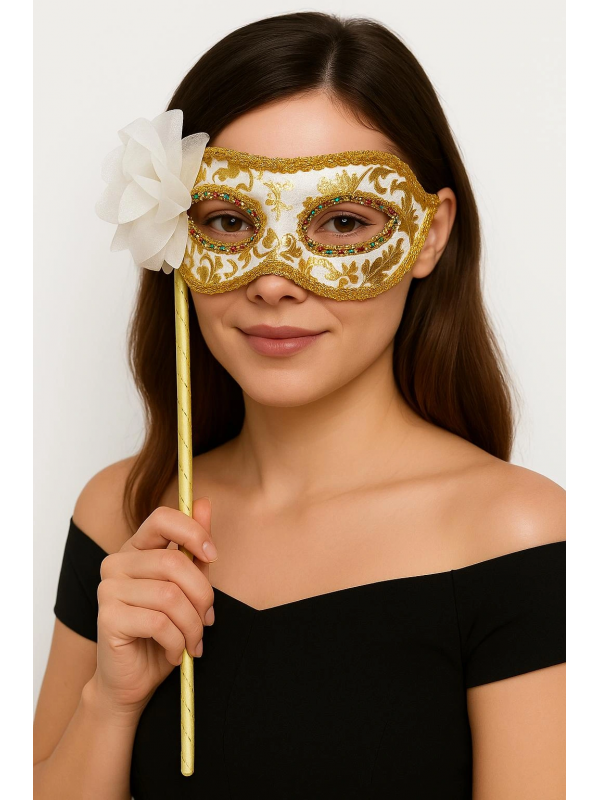 Lüks Taşlı Saplı Maskeli Balo Maskesi Beyaz Renk 35 Cm&hellip;