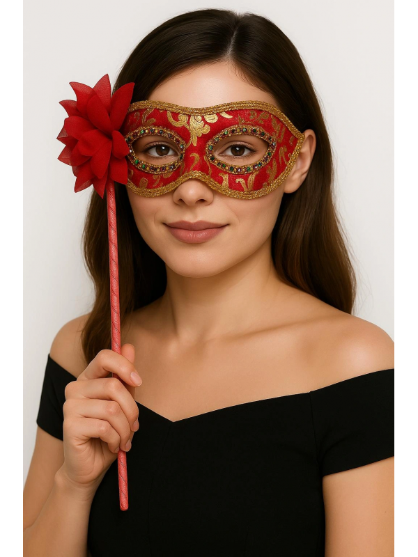 Lüks Taşlı Saplı Maskeli Balo Maskesi Kırmızı Renk 35 Cm&hellip;
