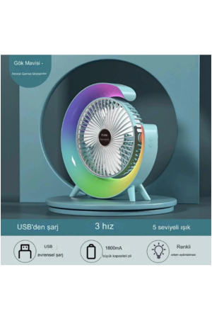 Masaüstü Vantilatör Usb Şarjlı Rgb Led Işıklı 3 Kademeli 180°…