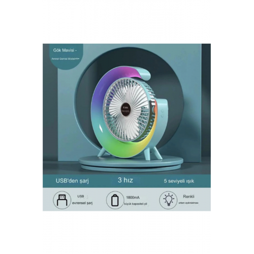 Masaüstü Vantilatör Usb Şarjlı Rgb Led Işıklı 3 Kademeli 180° Ayarlanabilir Soğutucu Fan Mavi