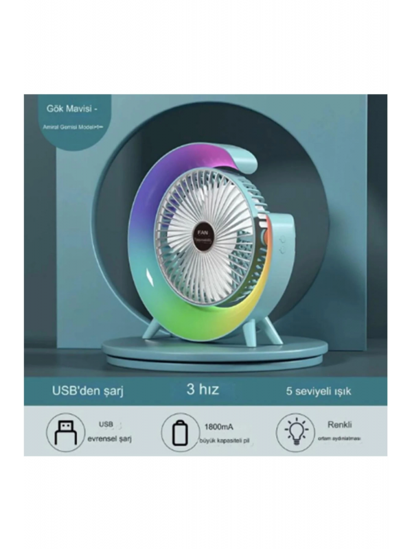 Masaüstü Vantilatör Usb Şarjlı Rgb Led Işıklı 3 Kademeli 180° Aya&hellip;