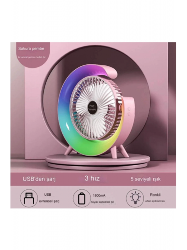Masaüstü Vantilatör Usb Şarjlı Rgb Led Işıklı 3 Kademeli 180° Aya…