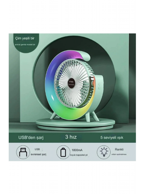 Masaüstü Vantilatör Usb Şarjlı Rgb Led Işıklı 3 Kademeli 180° Aya&hellip;