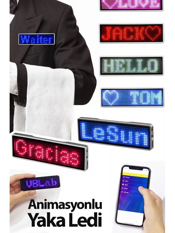Matrix Kayan Led Yaka Rozeti Mobil Kontrollü Dijital Etiket 9×3cm&hellip;