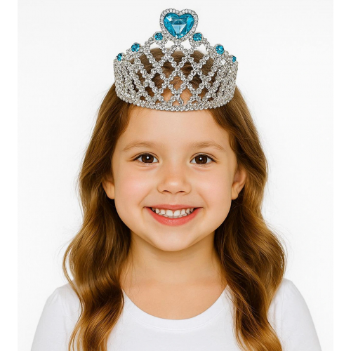Mavi Kalpli Gümüş Renk Kraliçe Tacı Prenses Tacı